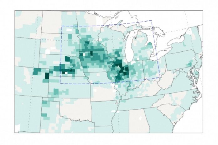 Maps depict the close correlation of crop production, rainfall and temperature in the U.S. Midwest in the last half of the 20th century. In this map, the number of bushels of corn produced are shown in shades of green.