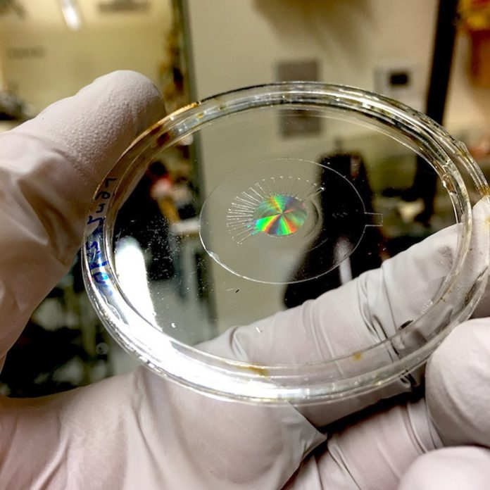 The metalens (made of silicon) are mounted on a transparent, stretchy polymer film, without any electrodes. The iridescence is produced by the large number of nanostructures within the metalens