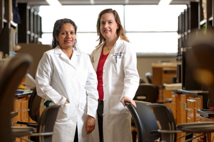 Radiation oncologist Julie Schwarz, MD, PhD, (right) and staff scientist Ramachandran Rashmi and their colleagues exploited cancer cell metabolism to kill cervical tumors that are resistant to standard chemotherapy and radiation