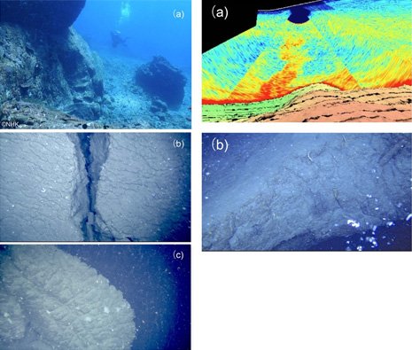 (Left) Surface of the lava dome. Images show distinctive cracks in the surface of the lava dome formed underwater, and (c) is a pillow-lobe structure. (a) courtesy of NHK. (Right) A water column anomaly (the red plume in “a”) and gas released (b), observed at the lava dome by a remotely-operated vehicle