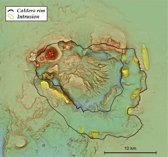 A red relief image map based on the survey results. The caldera and the lava dome can clearly be seen.