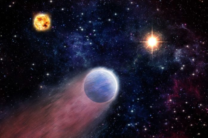 An artist’s impression shows the atmosphere of a Neptune-like planet (foreground) being swept backward by powerful radiation from an outburst in the center of the Milky Way (right). The planet’s host star is shown on the left