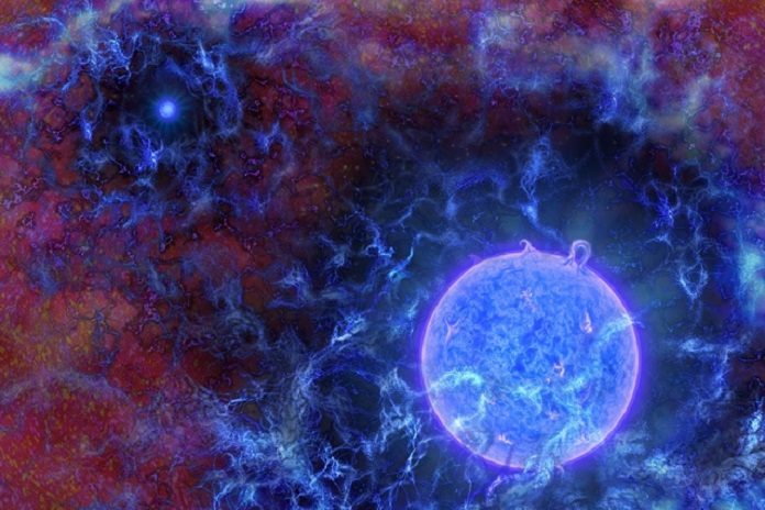 Artist's rendering of the universe's first, massive, blue stars in gaseous filaments, with the cosmic microwave background (CMB) at the edges. Using radio observations of the distant universe, NSF-funded researchers Judd Bowman of Arizona State University, Alan Rogers of MIT, and others discovered the influence of such early stars on primordial gas. The team inferred the stars' presence from dimming of the CMB, a result of the gaseous filaments absorbing the stars' UV light. The CMB is dimmer than expected, indicating the filaments may have been colder than expected, possibly from interactions with dark matter. Image: N.R.Fuller/National Science Foundation