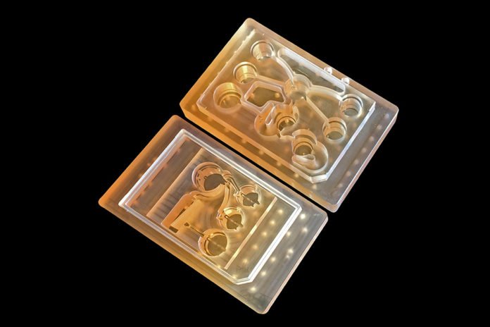 MIT engineers have designed a microfluidic platform that connects engineered tissue from up to 10 organs, allowing them to replicate human-organ interactions. Image: Felice Frankel