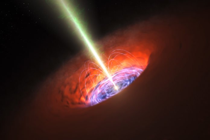 Artist's impression of an inner accretion flow and a jet from a supermassive black hole when it is actively feeding, for example, from a star that it recent tore apart.