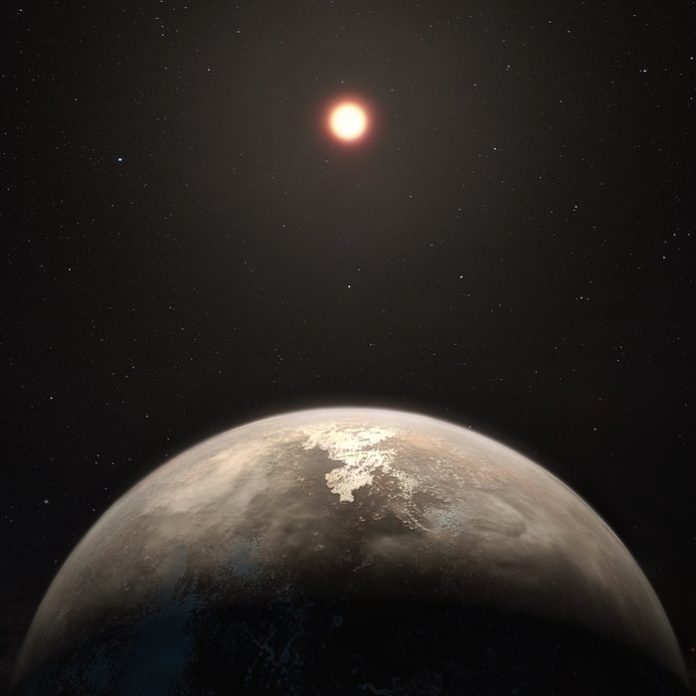An artist’s impression of Ross 128 b, a temperate, rocky planet about 11 light-years from Earth that could have the necessary conditions for maintaining liquid surface water. (Photo courtesy of European Southern Observatory/M. Kornmesser)
