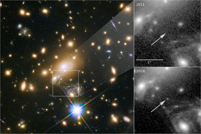 Icarus, whose official name is MACS J1149+2223 Lensed Star 1, is the farthest individual star ever seen. It is only visible because it is being magnified by the gravity of a massive galaxy cluster, located about 5 billion light-years from Earth. Called MACS J1149+2223, this cluster, shown at left, sits between Earth and the galaxy that contains the distant star. The panels at the right show the view in 2011, without Icarus visible, compared with the star's brightening in 2016. Credits: NASA, ESA, and P. Kelly (University of Minnesota)