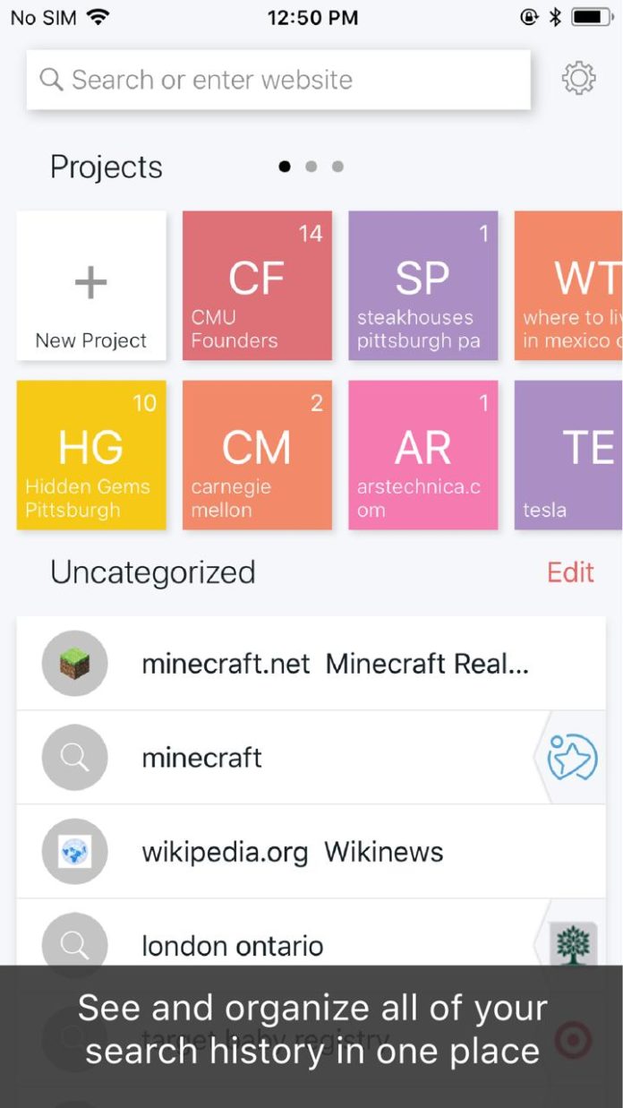This screengrab shows the Bento browser dashboard, with each search project represented by a colored square. The browser is designed to help perform searches on mobile devices.