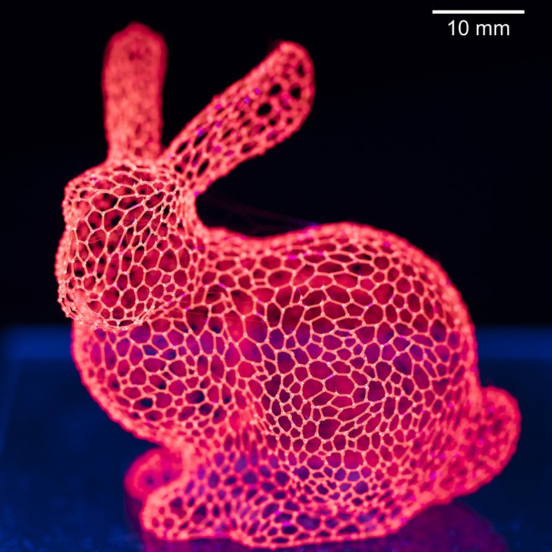 A 3-D printed bunny made of isomalt sugar mixed with a glowing red dye used in biomedical imaging. Photo by Troy Comi