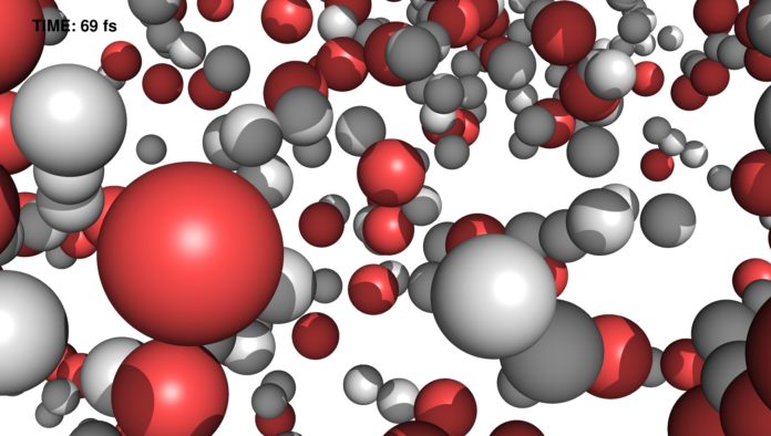 After about 70 femtoseconds (quadrillionths of a second) most water molecules have already split into hydrogen (white) and oxygen (red). Credit: Carl Caleman, DESY/Uppsala University