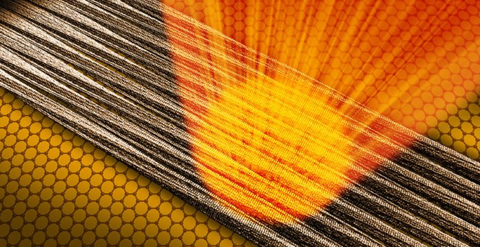 On the ultra-thin, extremely regular layer of graphene, the fibrils align themselves in parallel in large domains. The intense X-ray light from the X-rax free-electron laser LCLS at the SLAC National Accelerator Center enabled the researchers to gain partial information about the fibril structure from ensembles of just a few fibrils. Illustration: Greg Stewart/SLAC National Accelerator Laboratory