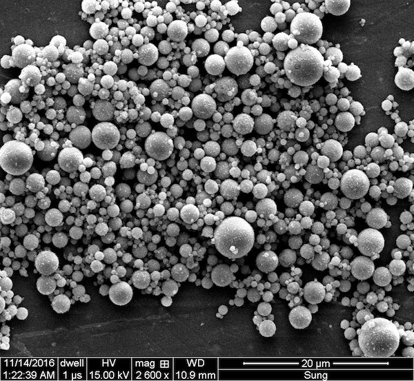 A scanning electron microscope image shows raw, type C fly ash particles made primarily of calcium oxide as a byproduct of coal-fired power plants. Rice University engineers have made a cementless, environmentally friendly binder for concrete that shows potential to replace Portland cement in many applications. Courtesy of the Multiscale Materials Laboratory