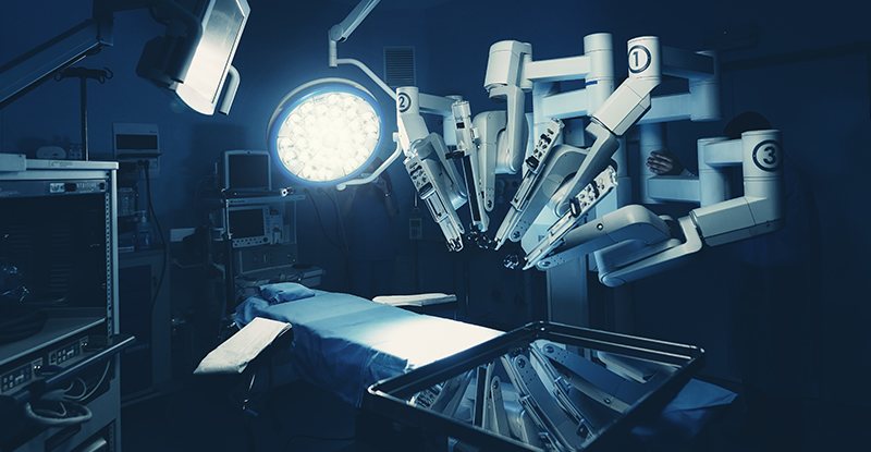 Surgical room in hospital with robotic technology equipment, machine arm surgeon in futuristic operation room.