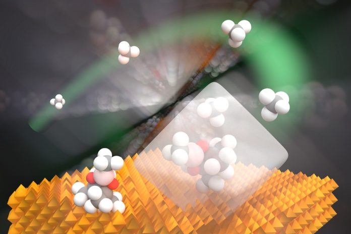 This image depicts the selective functionalization of methane molecules, a chemical process that makes them more technologically desirable. The methane molecules are shown as one gray carbon atom connected to four white hydrogen atoms. The orange crystals at bottom represent the metal-organic frameworks in which the reaction takes place. (Image by Xuan Zhang, Northwestern University.)