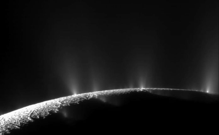 A dramatic plume sprays water ice and vapor from the south polar region of Saturn's moon Enceladus. Cassini's fist hint of this plume came during the spacecraft's first close flyby of the icy moon on February 17, 2005. Credits: NASA/JPL/Space Science Institute