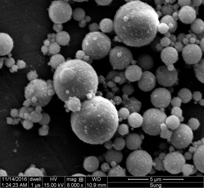 A scanning electron microscope image shows spherical particles in type C fly ash used by Rice University engineers to make cementless binder for concrete. Courtesy of the Multiscale Materials Laboratory