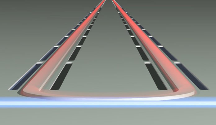 Illustration of the silicon Brillouin laser in operation. The laser is formed from nanoscale silicon structures that confine both light and sound waves.