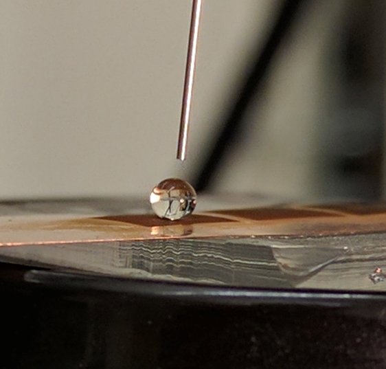 This image shows a water drop on a created superhydrophobic surface, showing a very high contact angle. Purdue University researchers developed a new manufacturing process to improve the water repellency for some common products. 