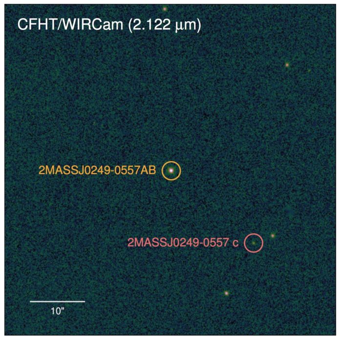 Direct Wircam image of 2MASS 0249 system taken wiht CFHT's infrared camera WIRCam. 2MASS 0249c is located 2000 astronomical units from the host brown dwarfs that are unresolved in this image. Credits: T. Dupuy, M. Liu