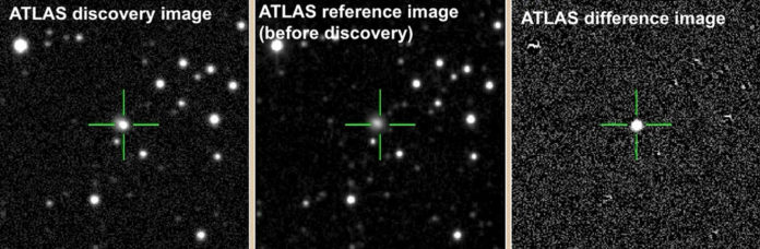 Images taken by the ATLAS telescopes before the explosion (middle) and after it (left) show the sudden brightening in the galaxy CGCG 137-068. The far-right image shows the difference between the two. (Stephen Smartt/ATLAS)