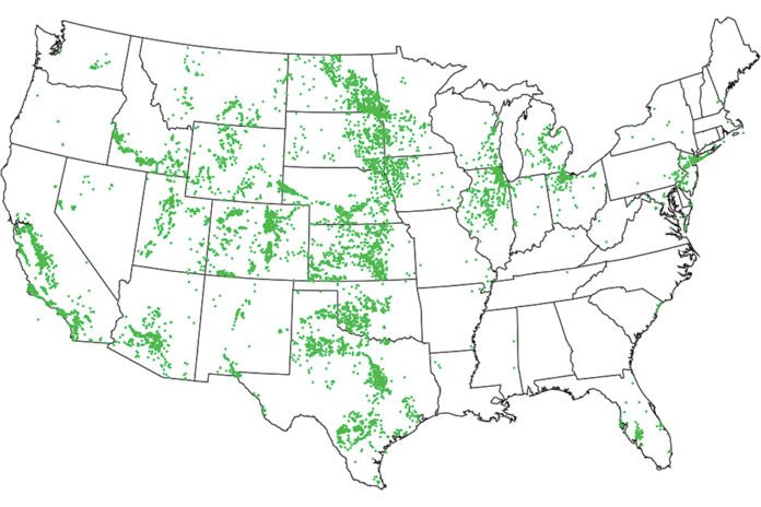 Based on measurements taken at more than 100,000 wells around the country, the MIT researchers identified these locations, indicated by green dots, that have a combination of a severe shortage of freshwater, and a large reserve of brackish groundwater that could potentially be desalinated and used. Courtesy of the researchers