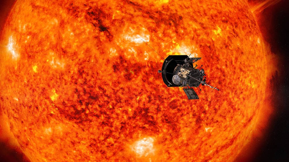 Artist’s concept of NASA’s Parker Solar Probe. The spacecraft will fly through the Sun’s corona to trace how energy and heat move through the star’s atmosphere. Credits: NASA/Johns Hopkins APL