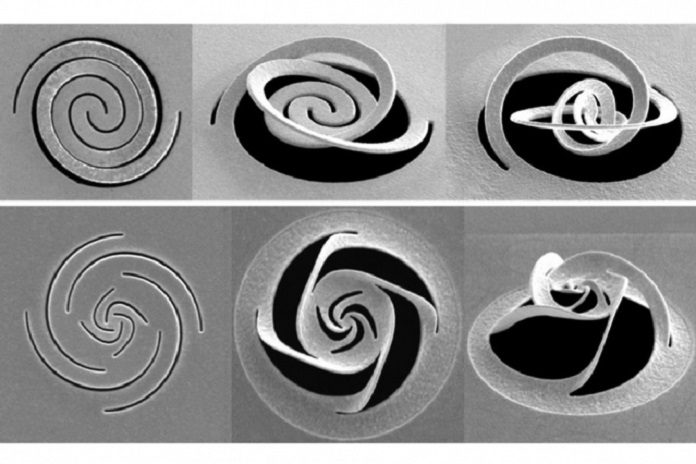 At left, different patterns of slices through a thin metal foil, are made by a focused ion beam. These patterns cause the metal to fold up into predetermined shapes, which can be used for such purposes as modifying a beam of light. Courtesy of the researchers