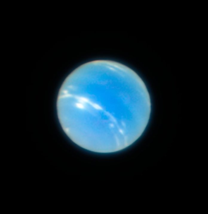 This image of the planet Neptune was obtained during the testing of the Narrow-Field adaptive optics mode of the MUSE/GALACSI instrument on ESO’s Very Large Telescope. The corrected image is sharper than a comparable image from the NASA/ESA Hubble Space Telescope.