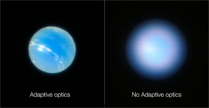 These images of the planet Neptune were obtained during the testing of the Narrow-Field adaptive optics mode of the MUSE/GALACSI instrument on ESO’s Very Large Telescope. The image on the right is without the adaptive optics system in operation and the one on the left after the adaptive optics are switched on.