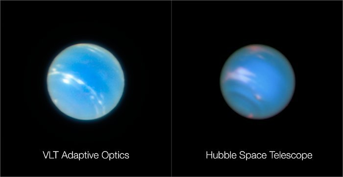 The image of the planet Neptune on the left was obtained during the testing of the Narrow-Field adaptive optics mode of the MUSE instrument on ESO’s Very Large Telescope. The image on the right is a comparable image from the NASA/ESA Hubble Space Telescope. Note that the two images were not taken at the same time so do not show identical surface features.