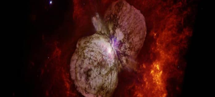 Eta Carinae's great eruption in the 1840s created the billowing Homunculus Nebula, imaged here by Hubble. Now about a light-year long, the expanding cloud contains enough material to make at least 10 copies of our Sun. Astronomers cannot yet explain what caused this eruption. Credit: NASA, ESA, and the Hubble SM4 ERO Team