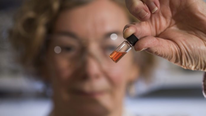 Biochemistry Lab Manager Janet Hope from the ANU Research School of Earth Sciences holds a vial of pink colored porphyrins representing the oldest intact pigments in the world. Image credit: ANU