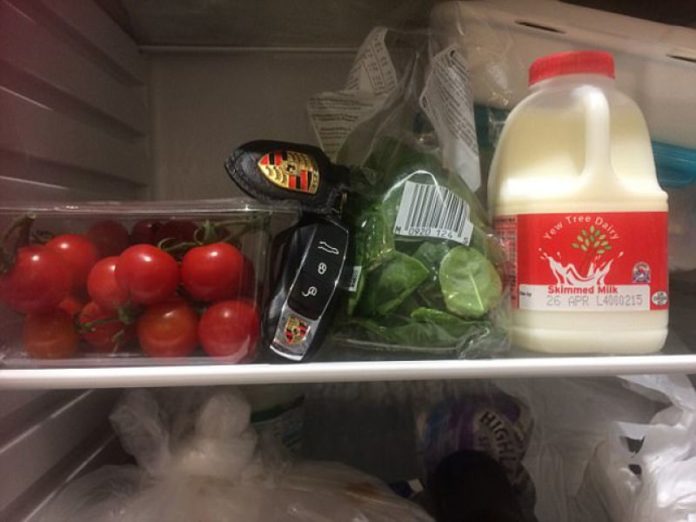 keys in the fridge and the milk on the side