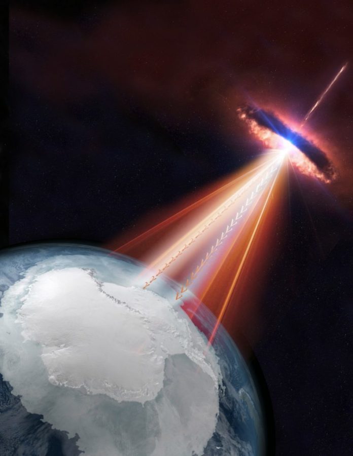 Blazars are a type of active galaxy with one one of its jets pointing toward us. In this artistic rendering, a blazar emits both neutrinos and gamma rays could be detected by the IceCube Neutrino Observatory as well as by other telescopes on Earth and in space. Credit: IceCube/NASA