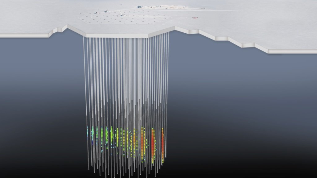 The IceCube Neutrino Observatory encompasses a cubic kilometre of pristine ice deep below Antarctica’s surface and next to the NSF Amundsen-Scott South Pole Station. In this illustration, based on an aerial view near the South Pole, an artistic rendering of the IceCube detector shows the interaction of a neutrino with a molecule of ice. The display pattern is how scientists represent data on recorded light. Every coloured circle represents light collected by one of the IceCube sensors. The colour gradient, from red to green/blue, shows the time sequence. Credit: IceCube Collaboration/NSF