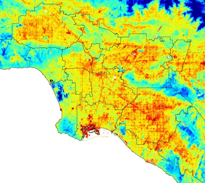 ECOSTRESS captured surface temperature variations in Los Angeles, CA in the early morning hours of July 22. Hot areas are shown in red, warm areas in orange and yellow, and cooler areas in blue. Credits: NASA/JPL-Caltech