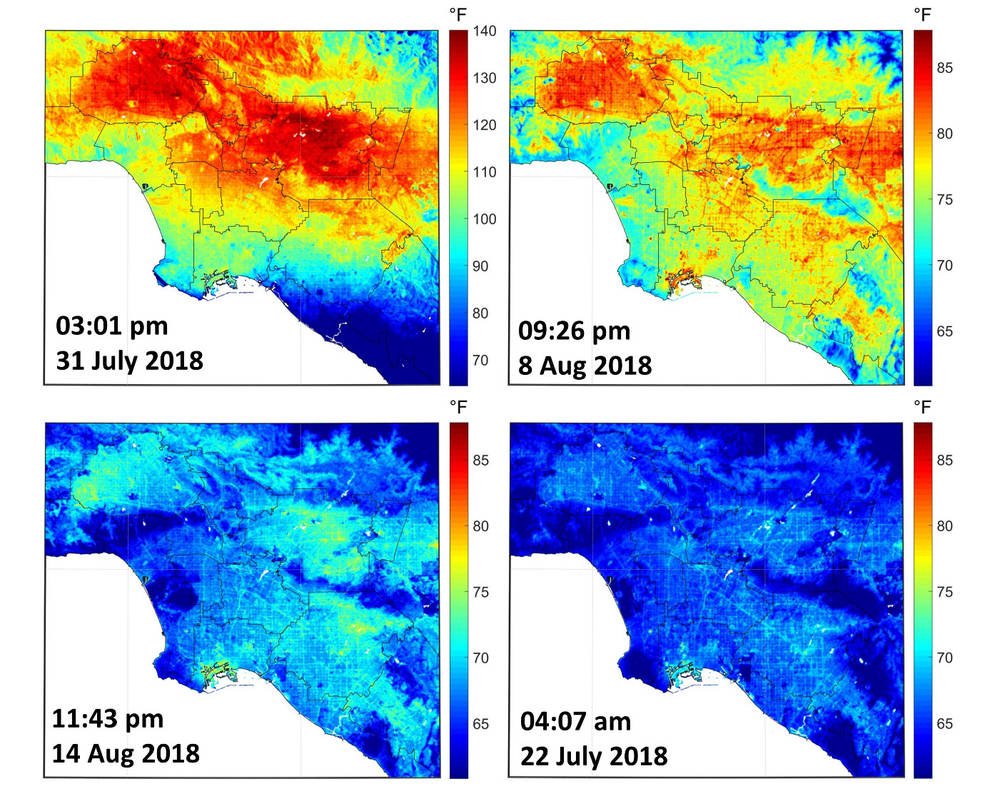 ECOSTRESS imagery shows surface temperature variations in Los Angeles, California between July 22 and August 14 at different times of day. Hot areas are shown in red, warm areas in orange and yellow, and cooler areas in blue. Credits: NASA/JPL-Caltech