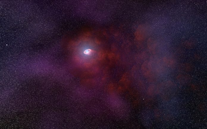 This is an illustration of a pulsar wind nebula produced by the interaction of the outflow particles from the neutron star with gaseous material in the interstellar medium that the neutron star is plowing through. Such an infrared-only pulsar wind nebula is unusual because it implies a rather low energy of the particles accelerated by the pulsar’s intense magnetic field. This hypothesized model would explain the unusual infrared signature of the neutron star as detected by NASA’s Hubble Space Telescope. Credits: NASA, ESA, and N. Tr’Ehnl (Pennsylvania State University)