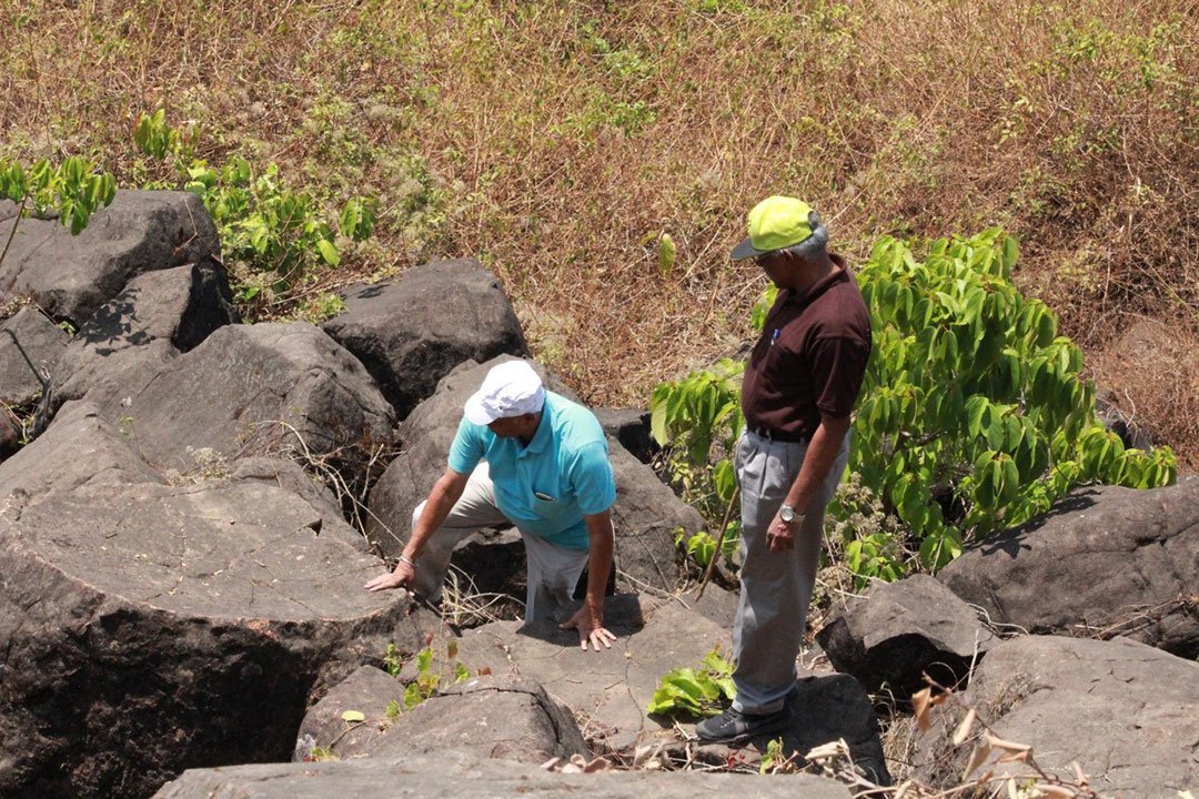 Toppled pentagonal blocks (Prof N Pawar and Prof Vishwas S Kale during field work )
