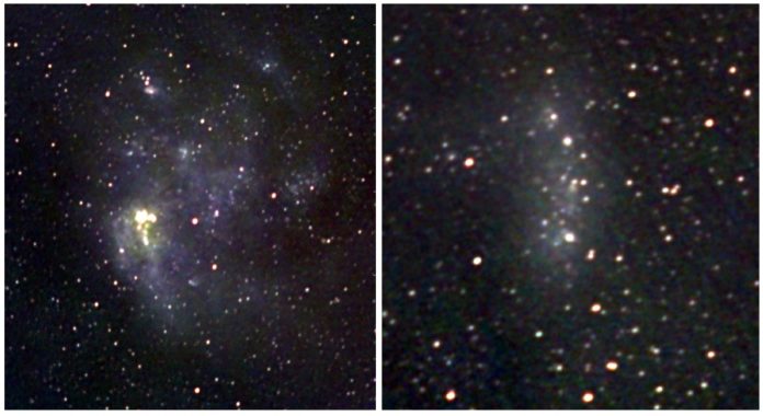 A red, green, blue composite image of the Large Magellanic Cloud (left) and Small Magellanic Cloud (right) made from radio wavelength observations taken at 123MHz, 181MHz and 227MHz. At these wavelengths, emission from cosmic rays and the hot gases belonging to the star forming regions and supernova remnants of the galaxy are visible. Credit: ICRAR.
