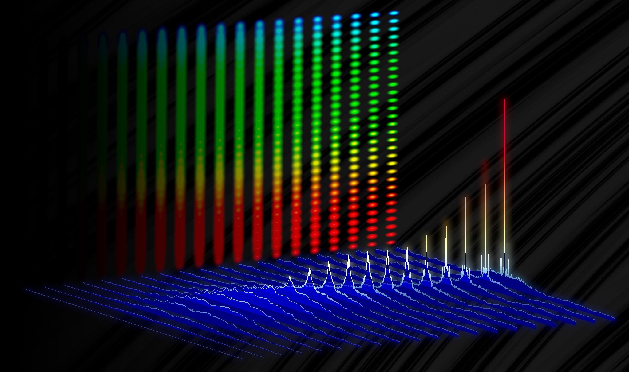 Illustration depicting how specific frequencies, or colors, of light (sharp peaks) emerge from the electronic background noise (blue) in NIST’s ultrafast electro-optic laser. The vertical backdrop shows how these colors combine to create an optical frequency comb, or “ruler” for light. Credit: D. Carlson/NIST