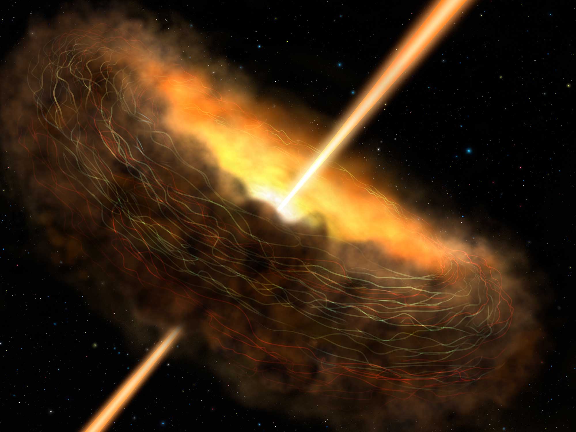 Artist’s conception of the core of Cygnus A, including the dusty donut-shaped surroundings, called a torus, and jets launching from its center. Magnetic fields are illustrated trapping the dust in the torus. These magnetic fields could be helping power the black hole hidden in the galaxy’s core by confining the dust in the torus and keeping it close enough to be gobbled up by the hungry black hole. Credits: NASA/SOFIA/Lynette Cook