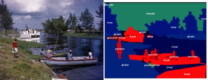 Example of image in the COCO dataset (left) and its pixel-wise semantic labeling (right). Image credit: Florida Memory,