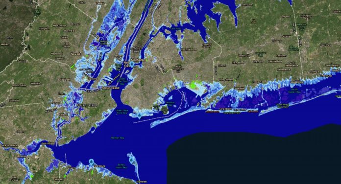 Parts of New Jersey and New York with 8 feet of sea-level rise. An almost 8-foot rise is possible by 2100 under a worst-case scenario, according to projections. The light-blue areas show the extent of permanent flooding. The bright green areas are low-lying. CREDIT NOAA Sea Level Rise Viewer