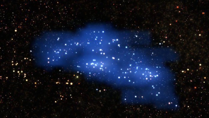 An international team of astronomers using the VIMOS instrument of ESO’s Very Large Telescope have uncovered a colossal structure in the early Universe. This galaxy proto-supercluster — which they nickname Hyperion — was unveiled by new measurements and a complex examination of archive data. This is the largest and most massive structure yet found at such a remote time and distance — merely 2 billion years after the Big Bang. This visualization shows Hyperion and is based on real data. Credit: ESO/L. Calçada & Olga Cucciati et al.