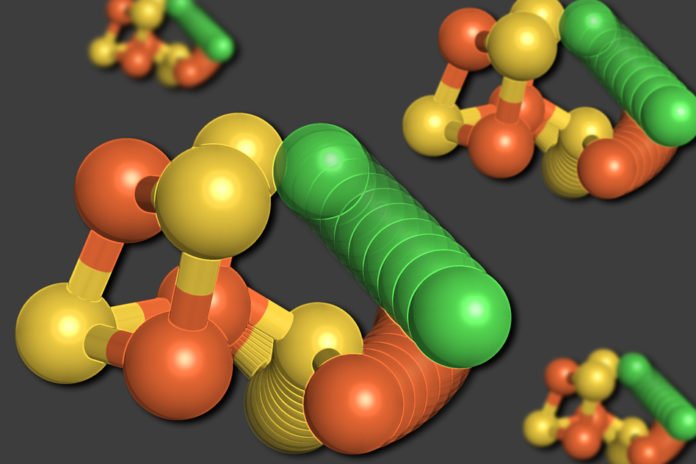 MIT researchers have shown that some of the atoms in an enzyme called carbon monoxide dehydrogenase can rearrange themselves when oxygen levels are low. A nickel atom (green) leaves the cube-like structure, displacing an iron atom (orange). One sulfur atom (yellow) also moves out of the cube.