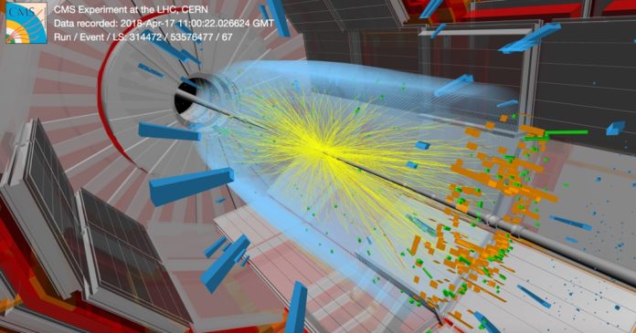 A collision event recorded by CMS at the start of the data-taking run of 2018. CMS sifts through such collisions up to 40 million times per second looking for signs of hypothetical particles like leptoquarks (Image: Thomas McCauley/Tai Sakuma/CMS/CERN)