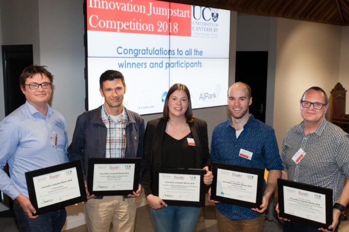 The University of Canterbury’s 2018 Innovation Jumpstart winners (from left to right) are: Dr Aaron Marshall, Associate Professor Mathieu Sellier, Dr Jennifer Crowther, Dr Matthew Cowan, and Associate Professor Renwick Dobson.