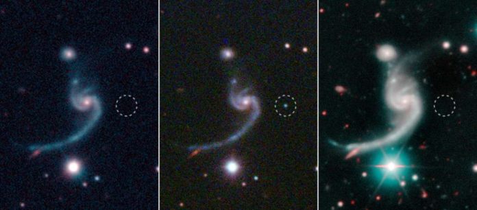 The three panels represent moments before, during, and after the faint supernova iPTF14gqr, visible in the middle panel, appeared in the outskirts of a spiral galaxy located 920 million light years away. The massive star that died in the supernova left behind a neutron star in a very tight binary system. These dense stellar remnants will ultimately spiral into each other and merge in a spectacular explosion, giving off gravitational and electromagnetic waves. Credit: SDSS/Caltech/Keck