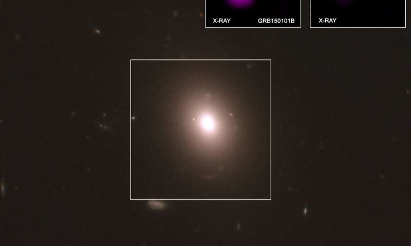 This image provides three different perspectives on GRB150101B, the first known cosmic analogue of GW170817, the gravitational wave event discovered in 2017. At center, an image from the Hubble Space Telescope shows the galaxy where GRB150101B took place. At top right, two X-ray images from NASA's Chandra X-ray observatory show the event as it appeared on January 9, 2015 (left), with a jet visible below and to the left; and a month later, on February 10, 2015 (right), as the jet faded away. The bright X-ray spot is the galaxy's nucleus. Credit: NASA/CXC